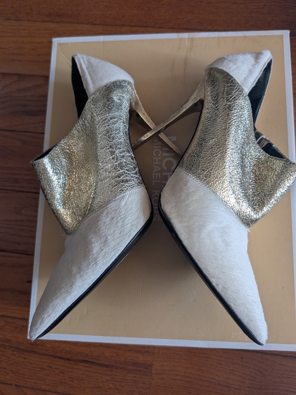 Raoul White and Gold Pointed-Toe Cross-Strap Pumps